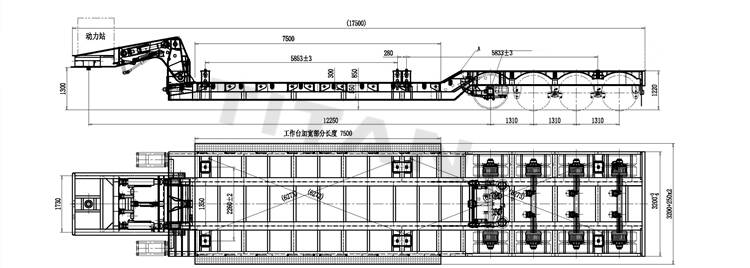 4 axle front loading lowboy trailer technical parameter drawing
